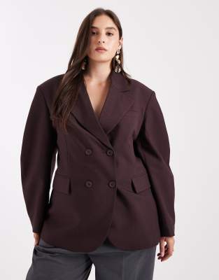 Asos Design Curve Tailored Cocoon Sleeve Double Breasted Blazer In Brown