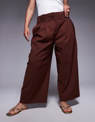 Asos Design Curve Tailored Cropped Adjustable Tab Waist Pants In Brown