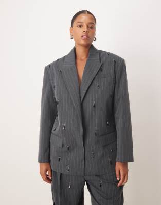 Asos Design Curve Tailored Embellished Oversized Blazer In Gray