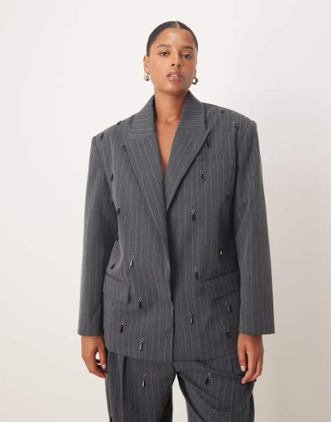 ASOS DESIGN Curve tailored embellished oversized blazer in grey pinstripe - view 1