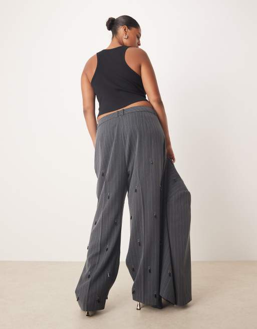 ASOS DESIGN Curve tailored embellished wide leg pants with pleat detailing in gray , 3 of 5