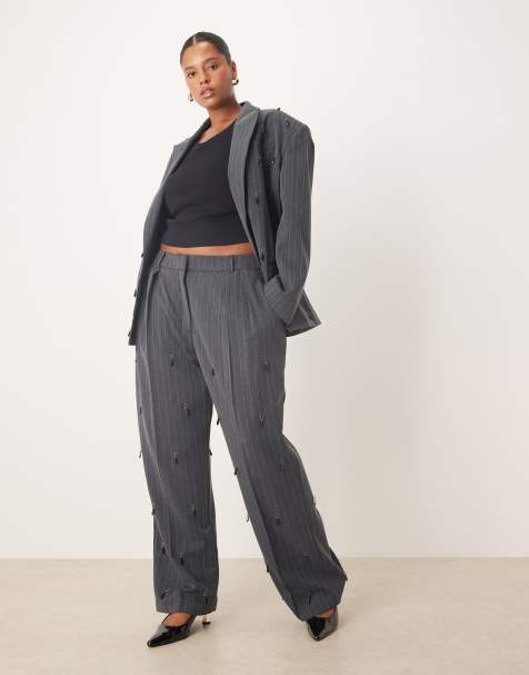 ASOS DESIGN Curve tailored embellished wide leg trousers with pleat detail in grey 