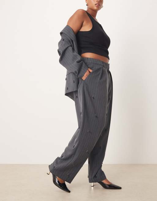 ASOS DESIGN Curve tailored embellished wide leg trousers with pleat detail in grey , 5 of 5