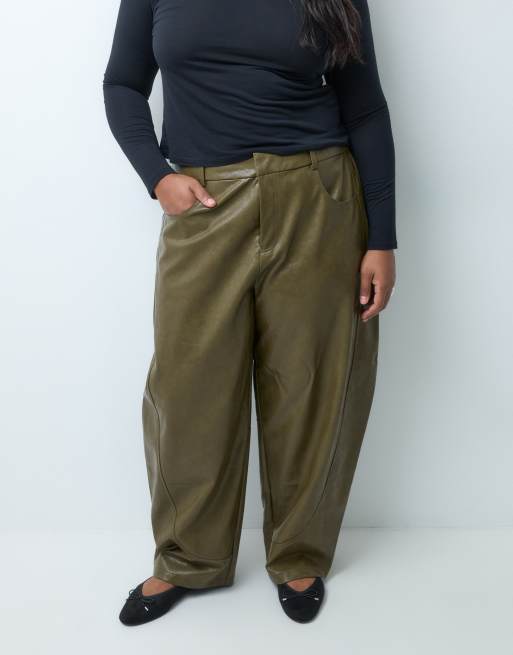 ASOS DESIGN Curve Tailored faux leather barrel pants in khaki, 2 of 5