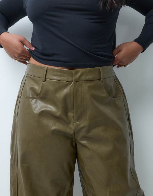 ASOS DESIGN Curve Tailored faux leather barrel pants in khaki, 5 of 5