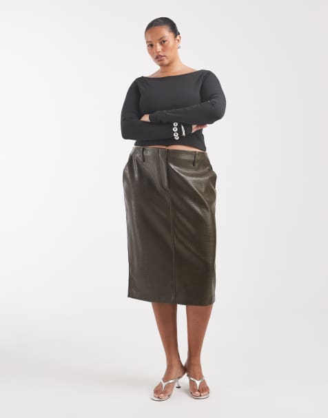 ASOS DESIGN Curve Tailored faux leather pencil skirt in olive croc - view 1