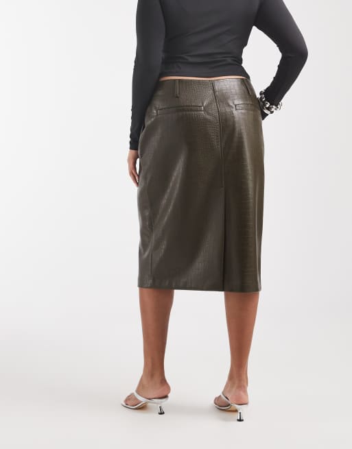 ASOS DESIGN Curve Tailored faux leather pencil skirt in olive croc, 4 of 5