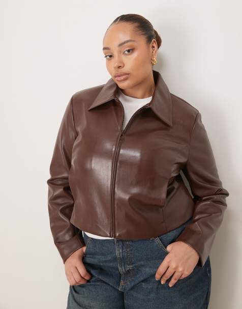 ASOS DESIGN Curve tailored faux leather zip front cropped blazer in chocolate