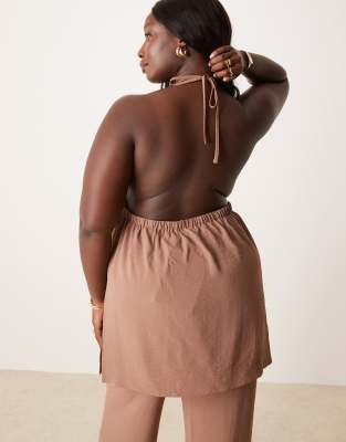 Asos Design Curve Tailored Floaty Halter Neck Top In Brown