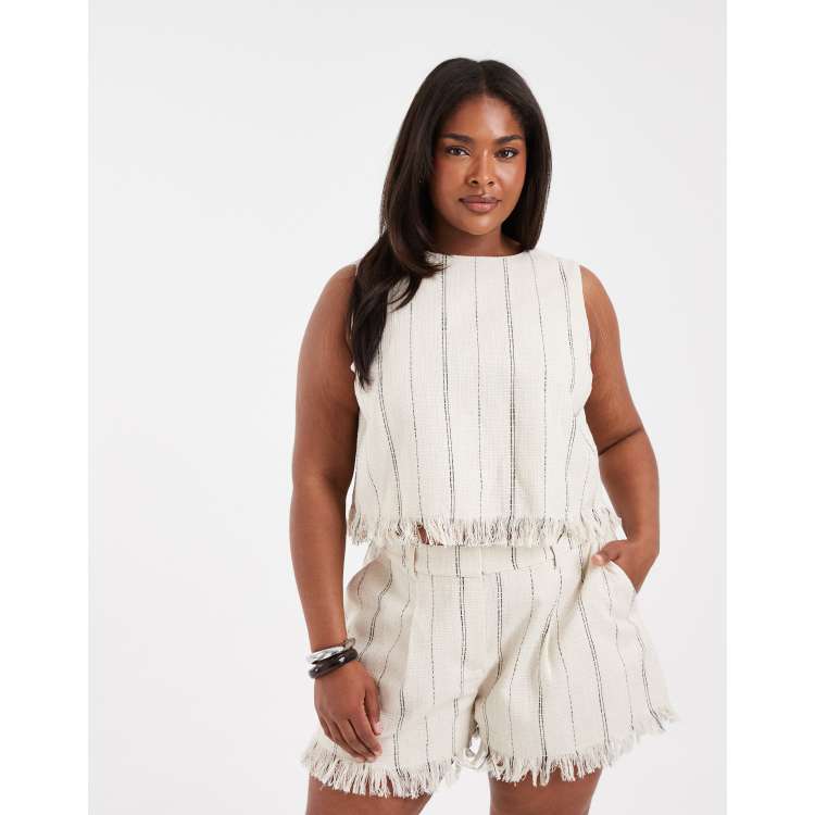 ASOS DESIGN Curve Tailored fringe hem v neck shell top in natural