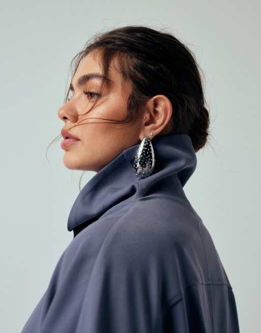ASOS DESIGN Curve tailored funnel neck jacket in blue co ord, 3 of 4