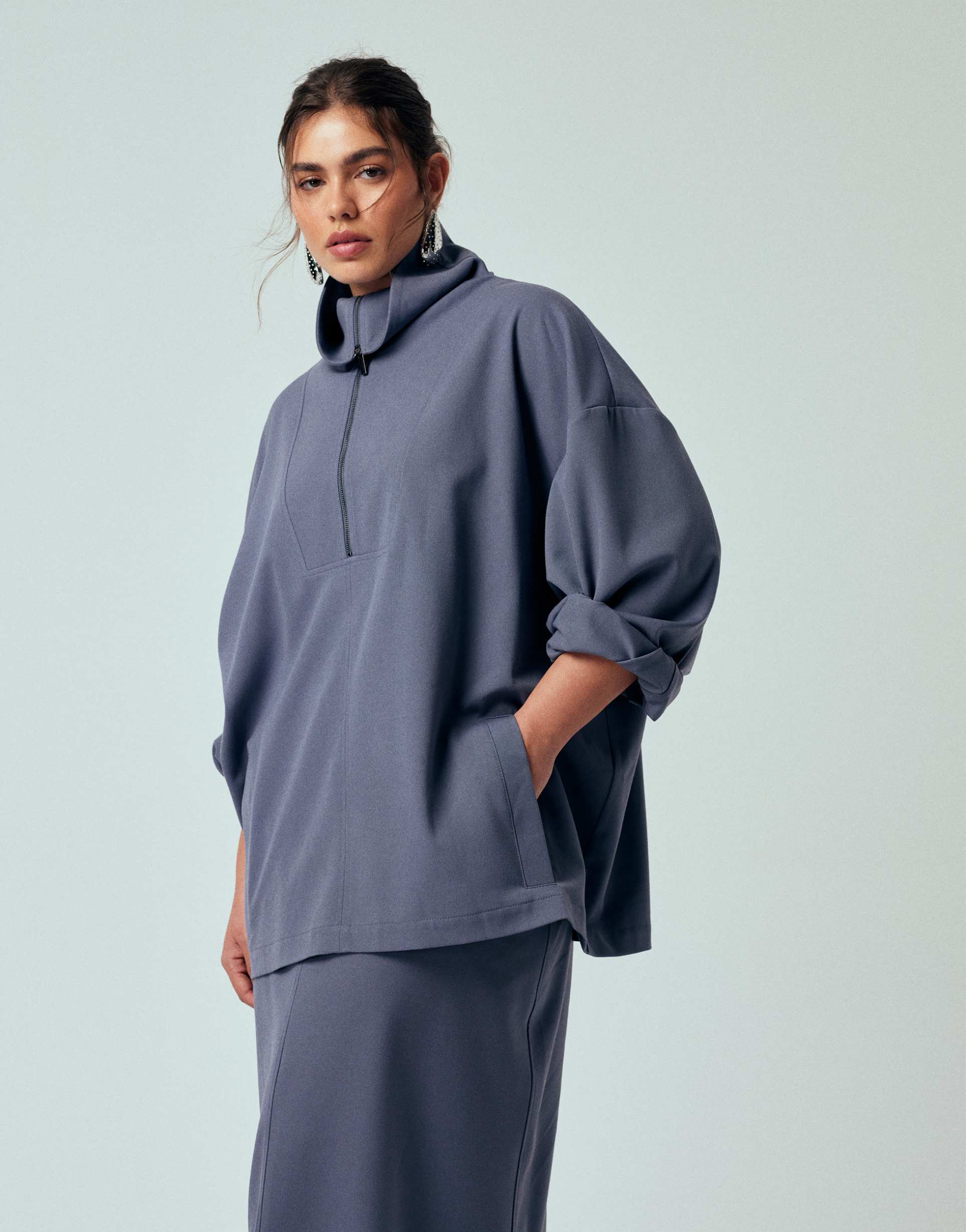 asos design curve tailored funnel neck jacket in blue - part of a set