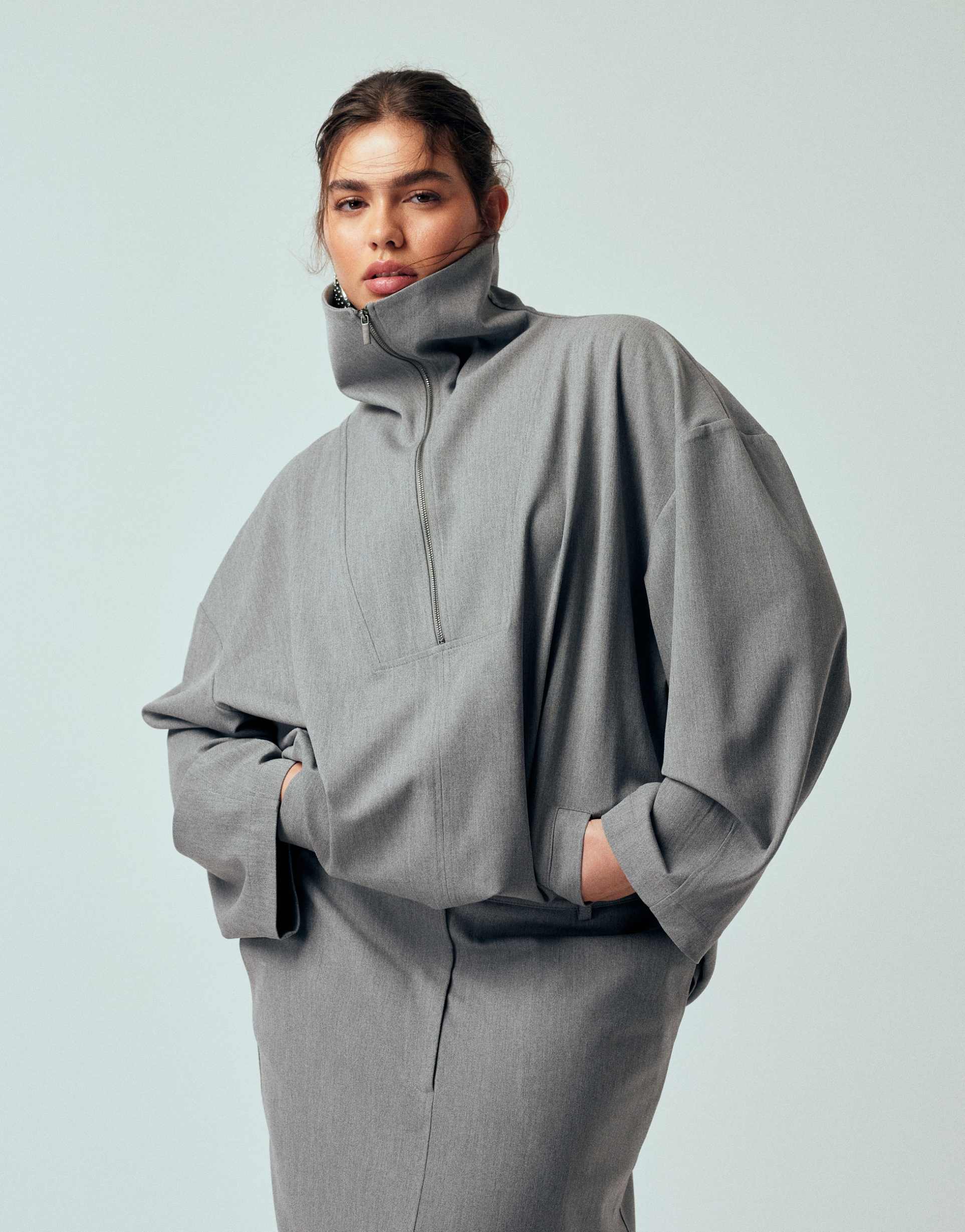 asos design curve tailored funnel neck jacket in gray - part of a set