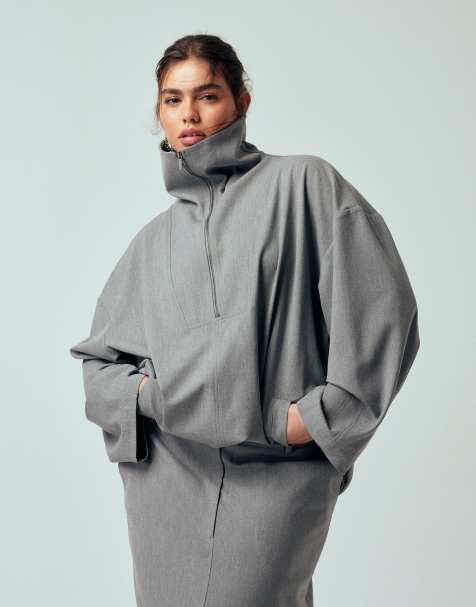 ASOS DESIGN Curve tailored funnel neck jacket in grey co ord