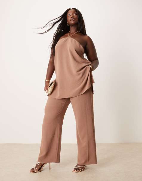 ASOS DESIGN Curve tailored halter neck top and trousers co-ord in mocha - view 1