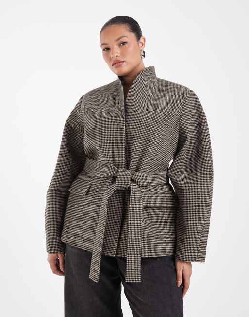 ASOS DESIGN Curve Tailored high neck belted cocoon sleeve blazer in brown check, 2 of 4