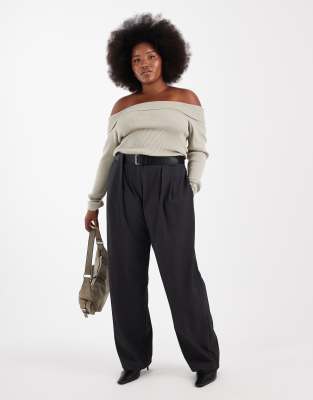 Asos Design Curve Tailored High Waist Belted Straight Leg Pants In Gray