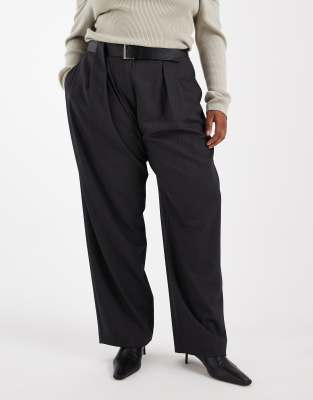 Asos Design Curve Tailored High Waist Belted Straight Leg Pants In Gray