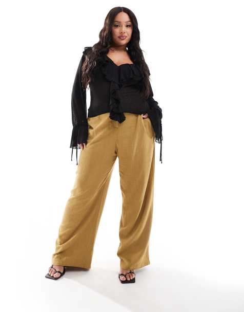 ASOS DESIGN Curve tailored high waist seam detail wide leg linen pants in olive - view 1