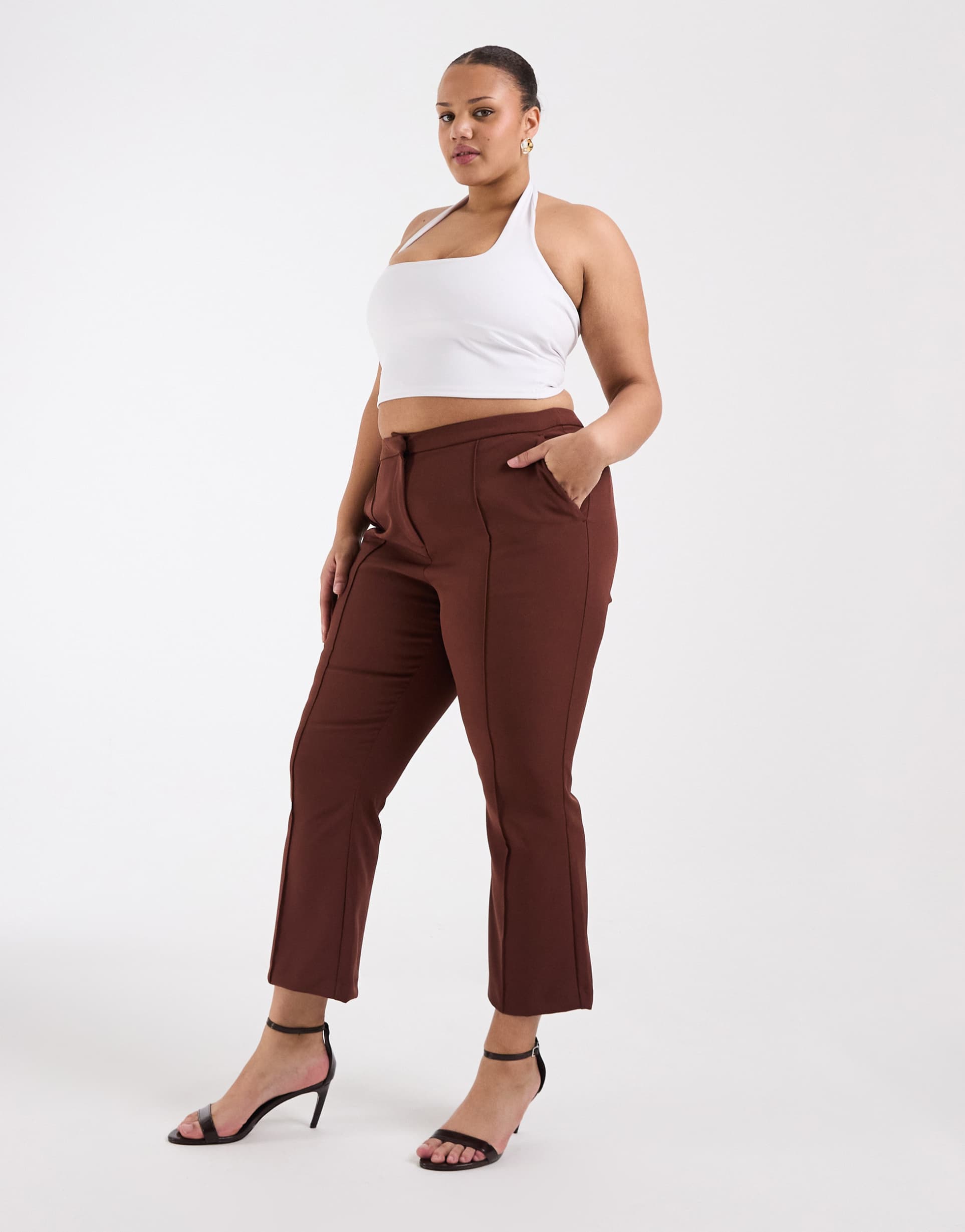 asos design curve tailored kick flare pants in brown