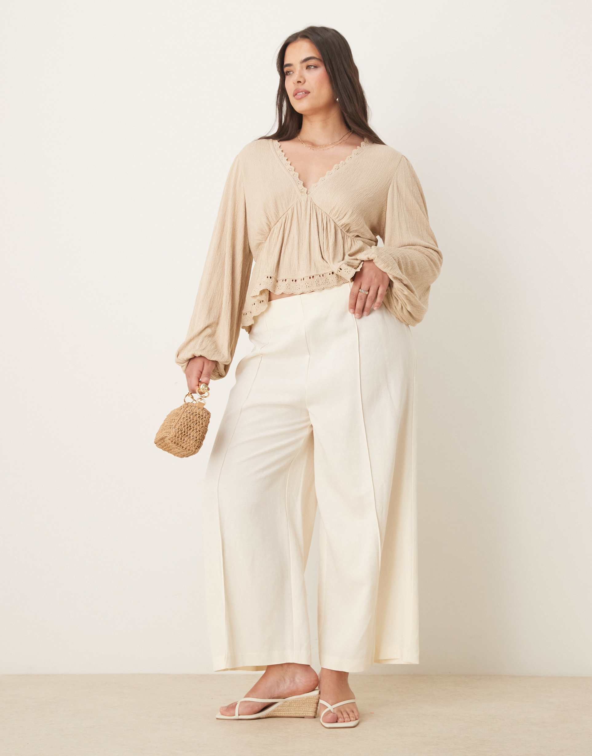 asos design curve tailored linen blend culotte pants in ivory