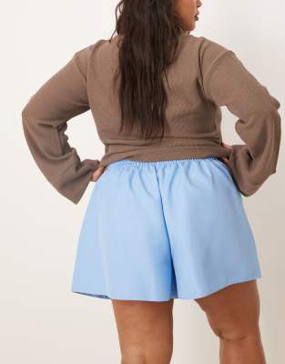 Asos Design Curve Tailored Linen Look Pull On Boxer Shorts In Blue