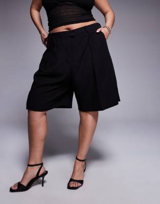 Asos Design Curve Tailored Linen Mix Longline City Shorts In Black