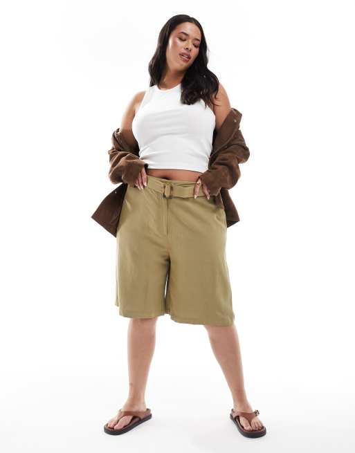 ASOS DESIGN Curve tailored longline belted jort with linen in khaki