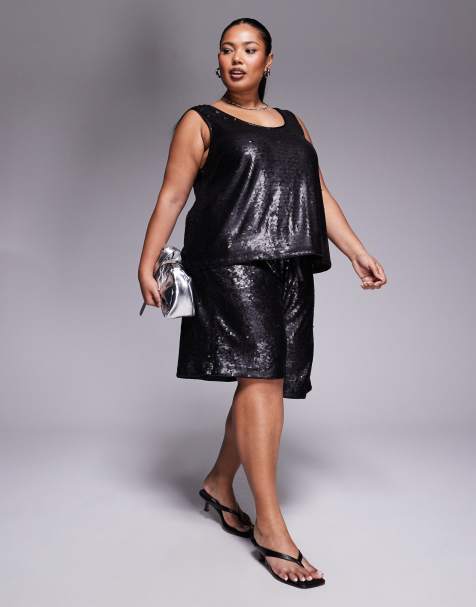ASOS DESIGN Curve tailored longline sequin short co-ord in black - view 1