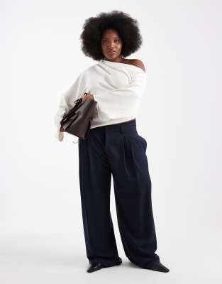 Asos Design Curve Tailored Low Rise Wide Leg Pants With Asymmetric Waistband In Blue