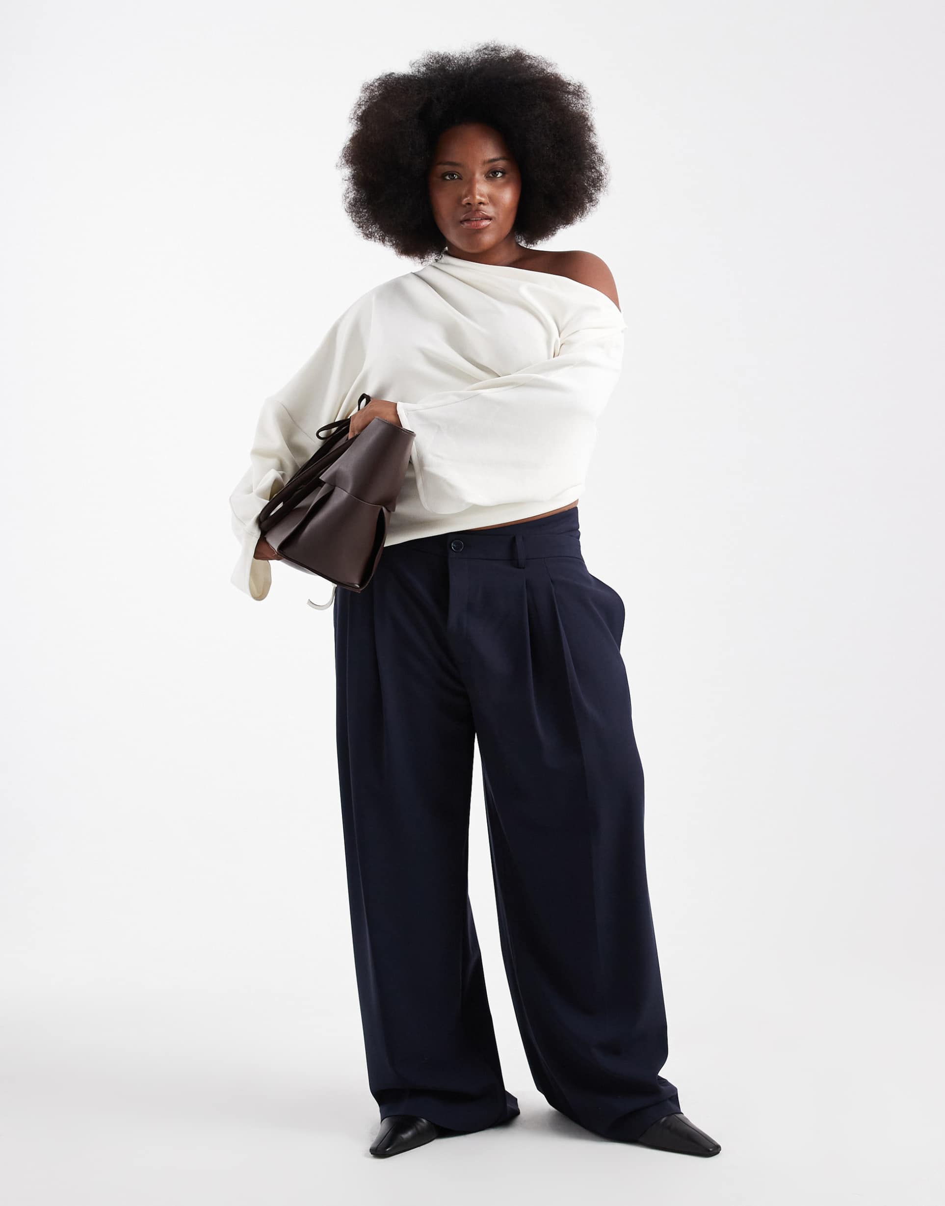 asos design curve tailored low rise wide leg pants with asymmetric waistband in navy