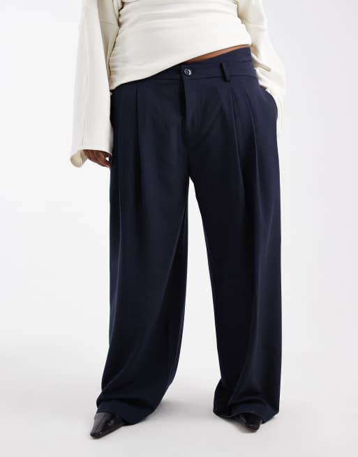 ASOS DESIGN Curve tailored low rise wide leg pants with asymmetric waistband in navy, 2 of 5