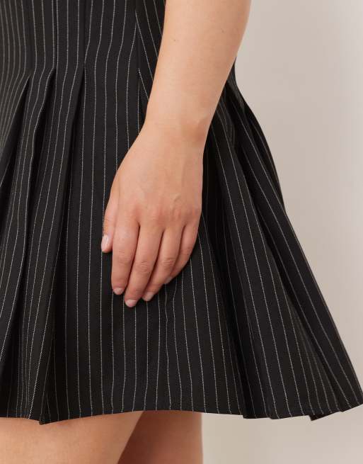 ASOS DESIGN Curve tailored mini dress with pleated hem in black pinstripe