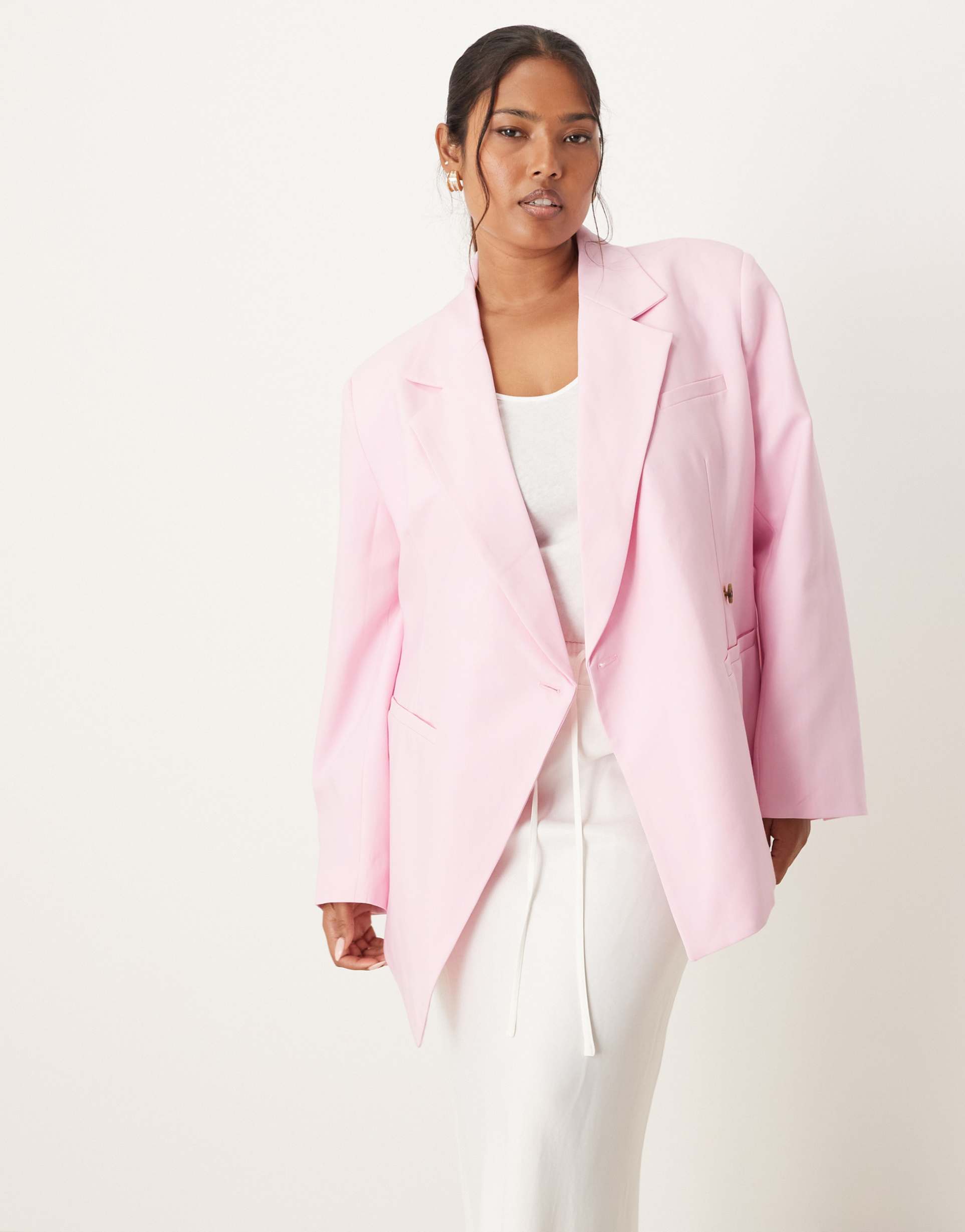 asos design curve tailored nipped waist blazer with cut away hem in pink