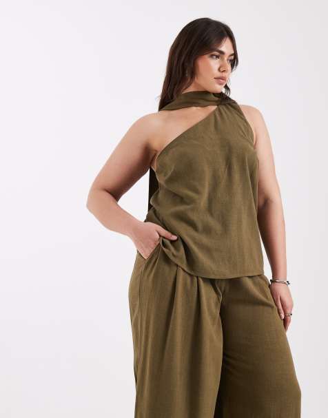 ASOS DESIGN Curve Tailored one shoulder scarf detail top in khaki - view 1