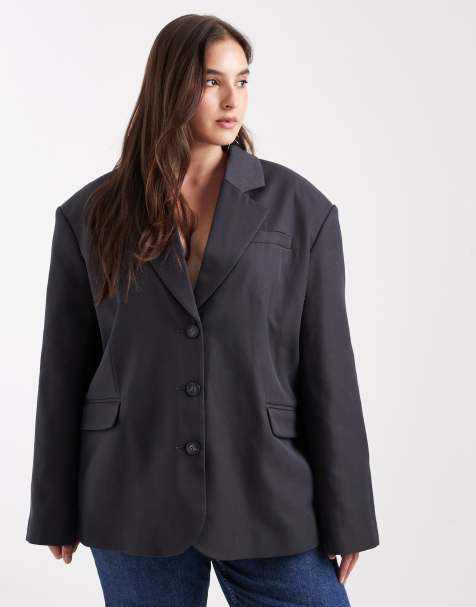 ASOS DESIGN Curve tailored wool blend oversized power shoulder blazer in charcoal