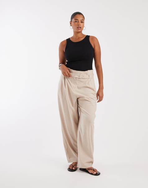 ASOS DESIGN Curve Tailored paper bag waist pirate peg pants in sand - view 1