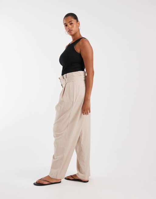 ASOS DESIGN Curve Tailored paper bag waist pirate peg trousers in sand, 2 of 5