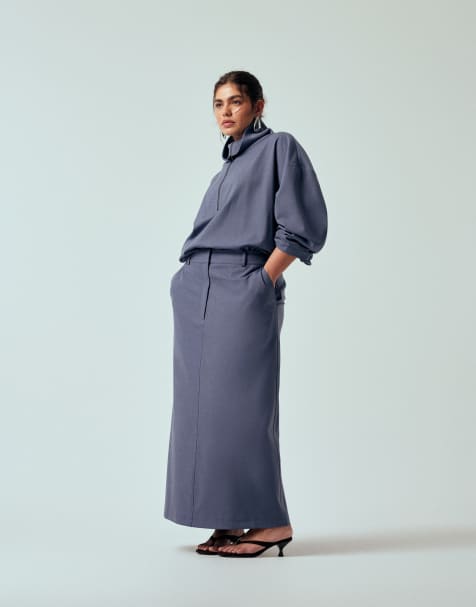 ASOS DESIGN Curve tailored pencil maxi skirt in blue co ord - view 1