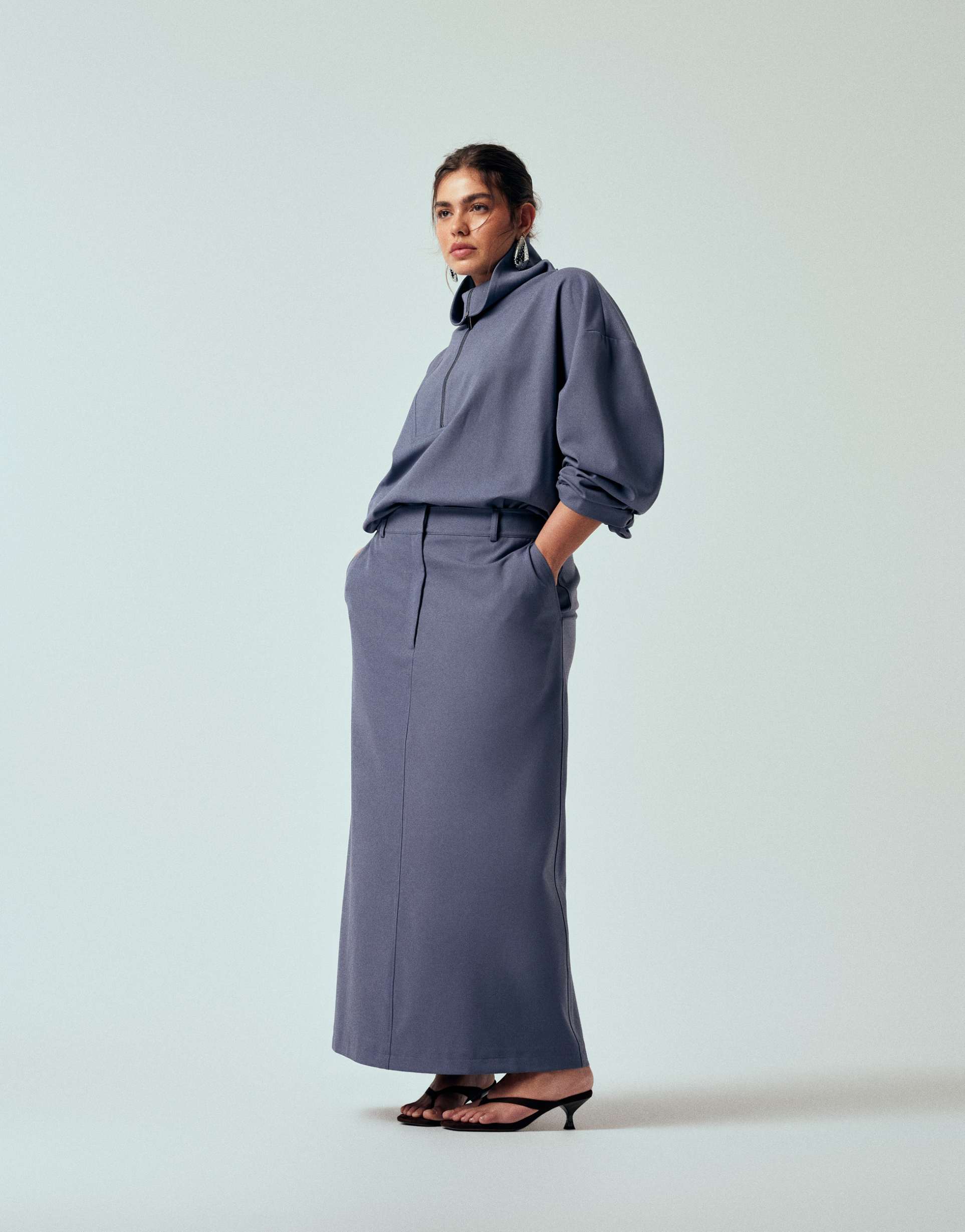 asos design curve tailored pencil maxi skirt in blue - part of a set