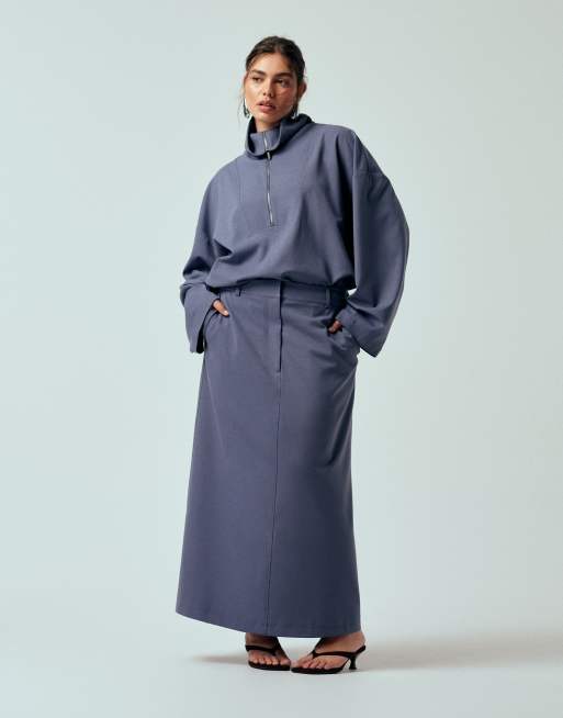 ASOS DESIGN Curve tailored pencil maxi skirt in blue (part of a set), 4 of 5