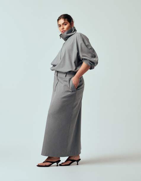 ASOS DESIGN Curve tailored pencil maxi skirt in gray - part of a set - view 1