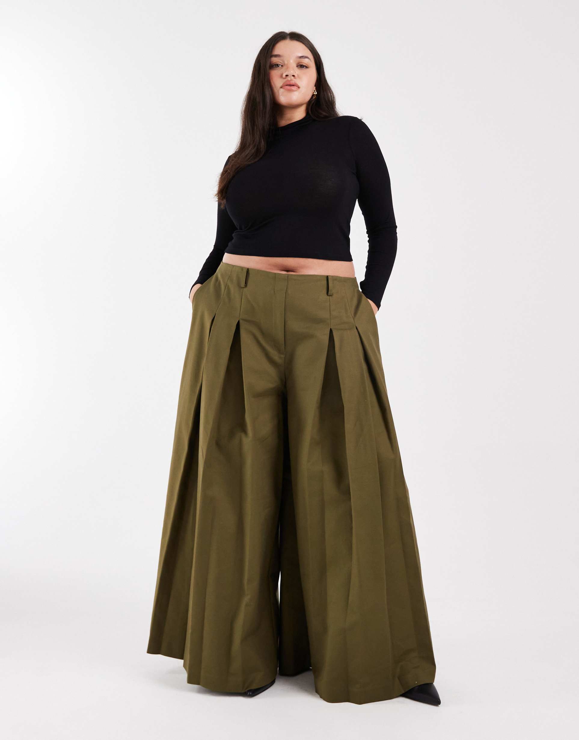 asos design curve tailored pleated wide leg pants in khaki