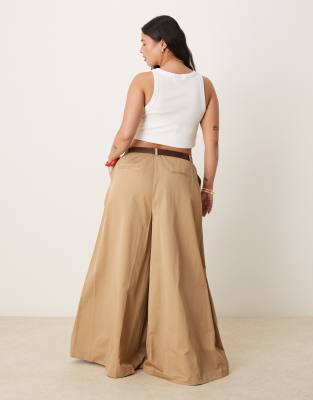 Asos Design Curve Tailored Pleated Wide Leg Pants With Belt In Brown