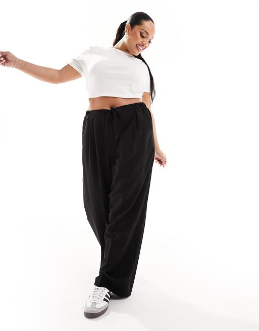 Plus Size Black Pull On Wide Leg Trousers