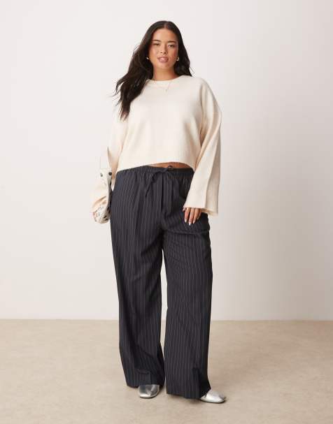 ASOS DESIGN Curve tailored pull on trousers in navy stripe - view 1