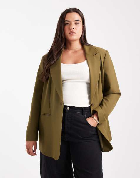 ASOS DESIGN Curve tailored relaxed blazer in khaki green - view 1