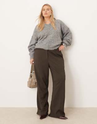 Asos Design Curve Tailored Relaxed Pants With Faux Leather Trim In Gray
