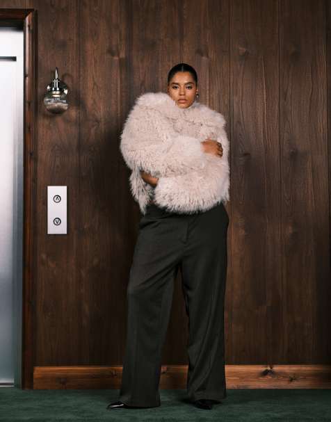 ASOS DESIGN Curve tailored relaxed pants with faux leather trim in brown herringbone - view 1