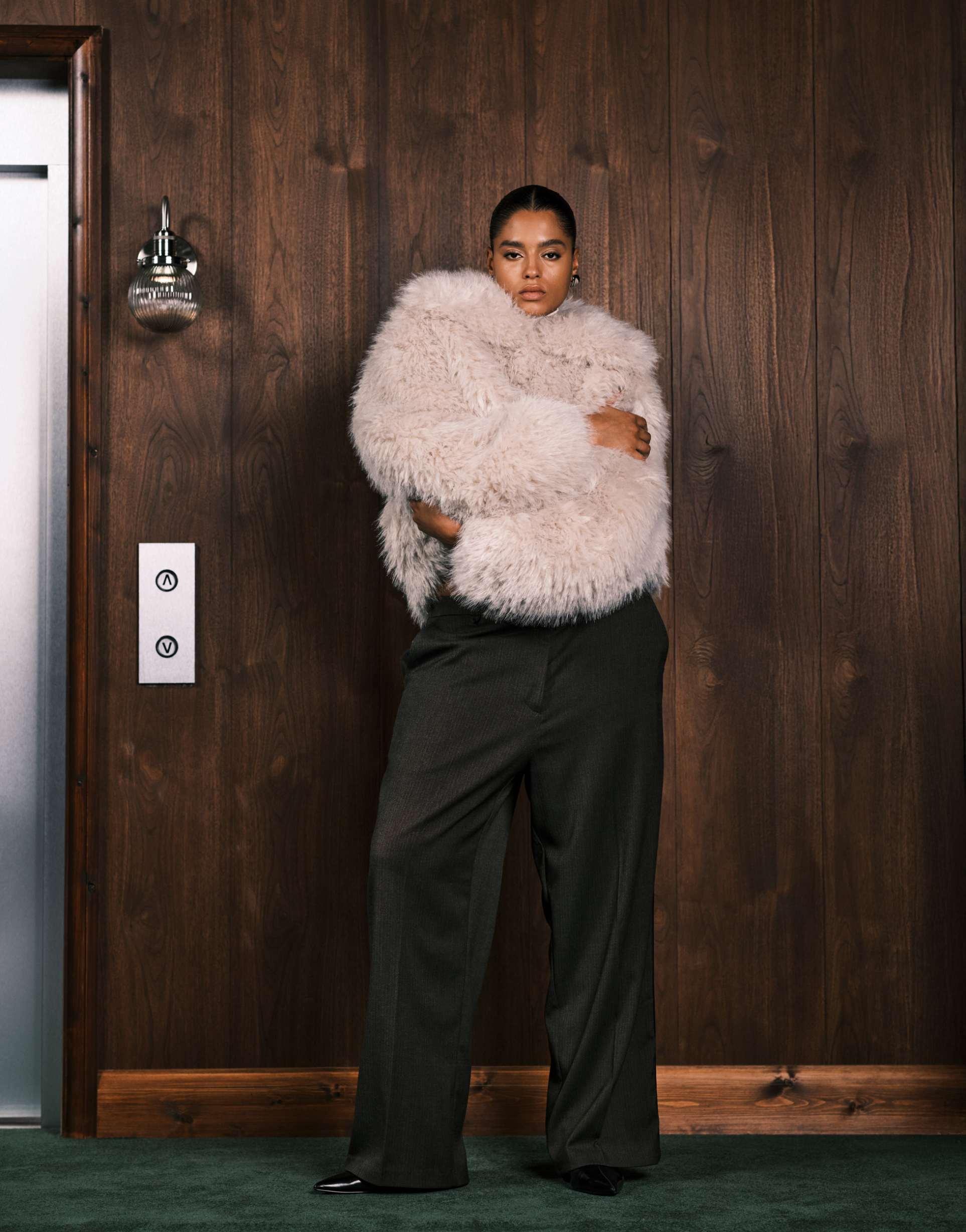 asos design curve tailored relaxed pants with faux leather trim in brown herringbone